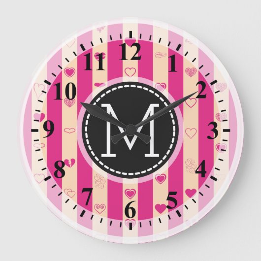 Monogram Hot Pink Stripes Modern Heart Pattern Grote Klok (Voorkant)