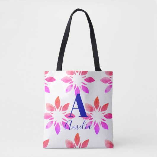 Monogram Hot Pink Waterverf Retro Floral Tote Bag (Voorkant)