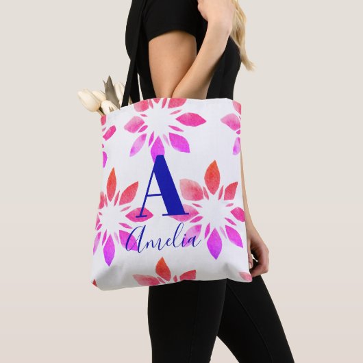 Monogram Hot Pink Waterverf Retro Floral Tote Bag (Dichtbij)