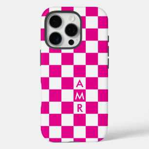 Monogram Hot Pink White Checkered Pattern iPhone 16 Pro Hoesje
