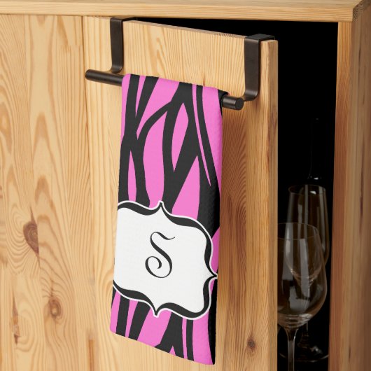 Monogram Hot Pink Zebra Print Keukenhanddoek (Derde Gevouwen)