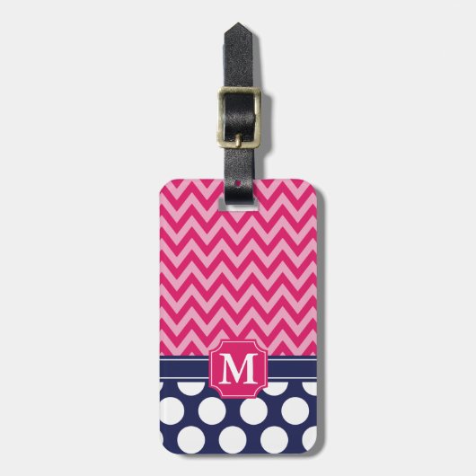 Monogram hotroze en marineschevron Zigzag Polka Do Bagagelabel (Voorkant verticaal)
