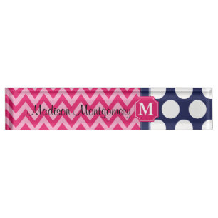 Monogram hotroze en marineschevron Zigzag Polka Do Naambordje
