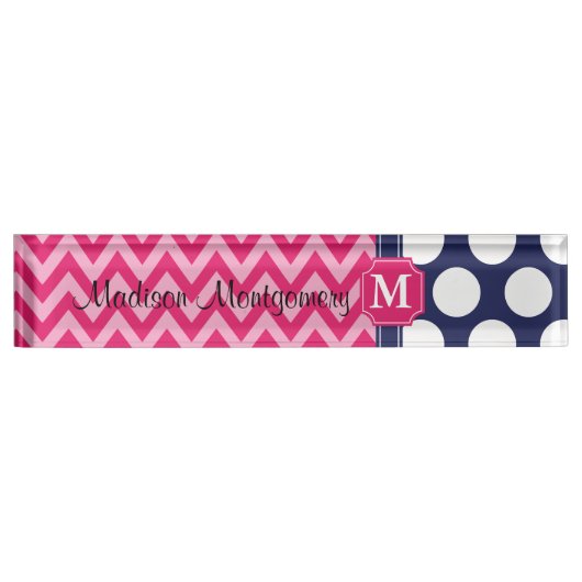 Monogram hotroze en marineschevron Zigzag Polka Do Naambordje (Voorkant)