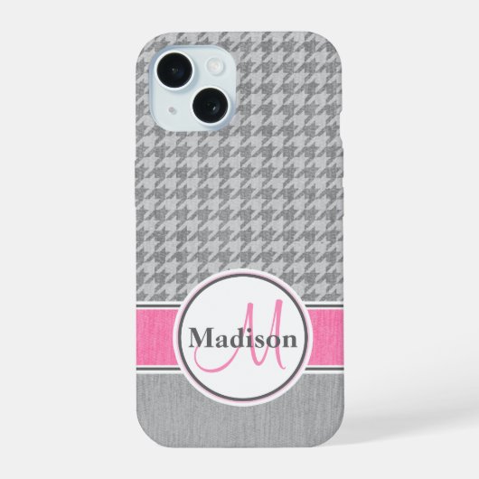 Monogram Houndstooth Patroon grijs en roze iPhone 15 Case (Achterkant)