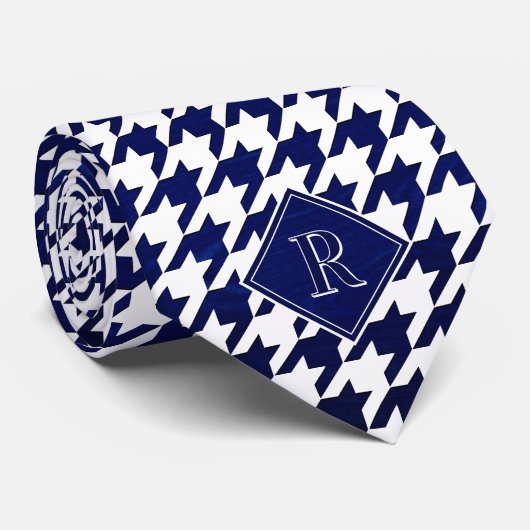 Monogram Houndstooth Patroon Wit & Blauw Hout Stropdas (Opgerold)