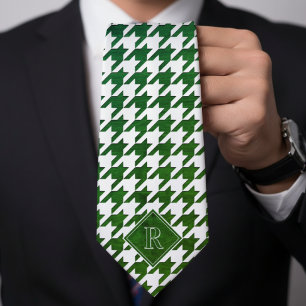 Monogram Houndstooth Patroon Wit & Groen Hout Stropdas
