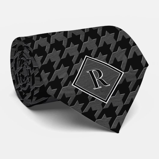 Monogram Houndstooth Patroon Zwart & Grijs Hout Stropdas (Opgerold)