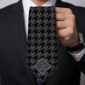 Monogram Houndstooth Patroon Zwart & Grijs Hout Stropdas