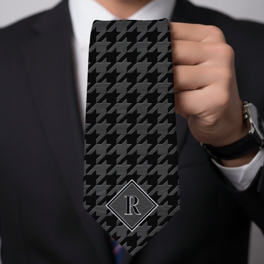 Monogram Houndstooth Patroon Zwart & Grijs Hout Stropdas