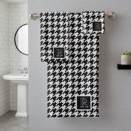 Monogram Houndstooth Patroon Zwart & Wit Bad Handdoek