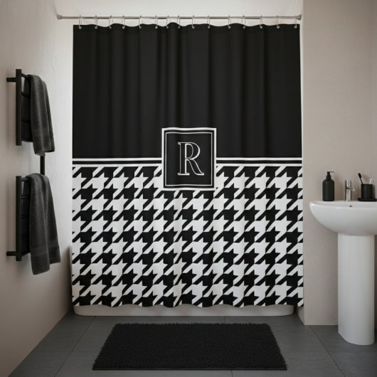 Monogram Houndstooth Patroon Zwart & Wit Douchegordijn