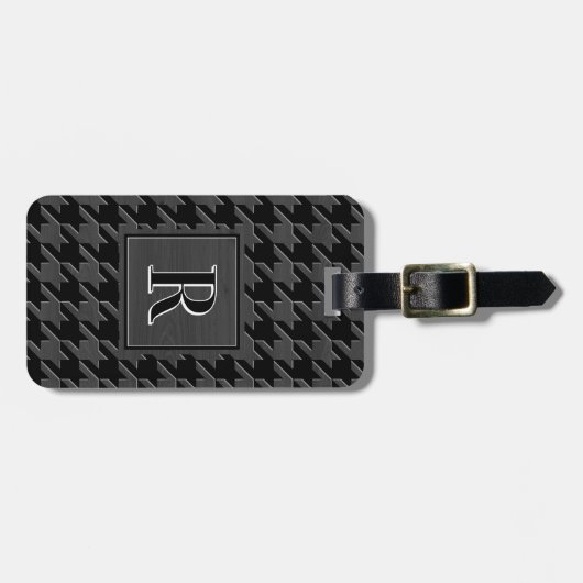 Monogram Houndstooth Pattern Black & Grey Wood Bagagelabel (Voorkant horizontaal)