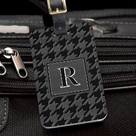 Monogram Houndstooth Pattern Black & Grey Wood Bagagelabel