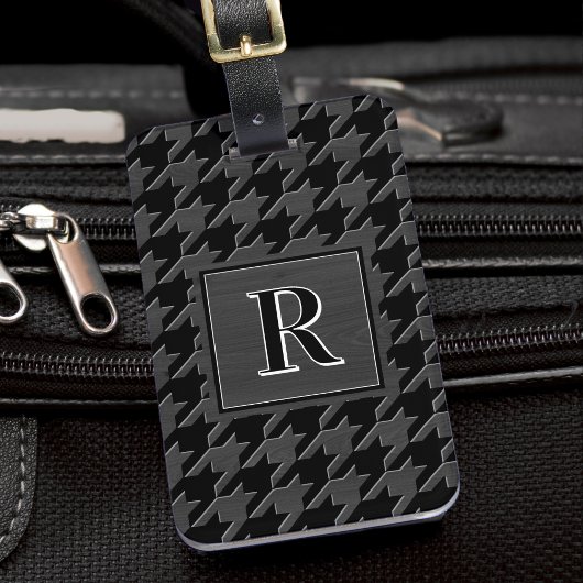 Monogram Houndstooth Pattern Black & Grey Wood Bagagelabel
