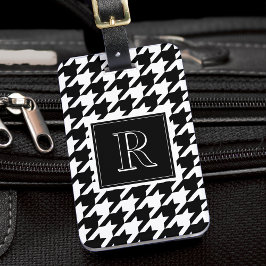 Monogram Houndstooth Pattern Black & White Bagagelabel