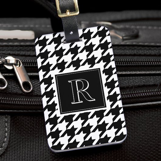Monogram Houndstooth Pattern Black & White Bagagelabel