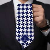 Monogram Houndstooth Pattern White & Blue Wood Stropdas