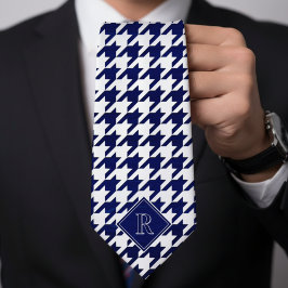 Monogram Houndstooth Pattern White & Blue Wood Stropdas