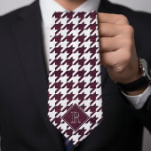 Monogram Houndstooth Pattern White & Burgundy Wood Stropdas