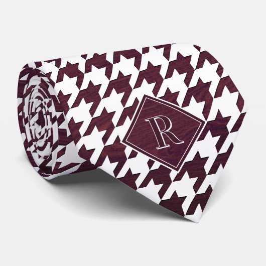 Monogram Houndstooth Pattern White & Burgundy Wood Stropdas (Opgerold)