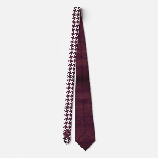 Monogram Houndstooth Pattern White & Burgundy Wood Stropdas (Achterkant)