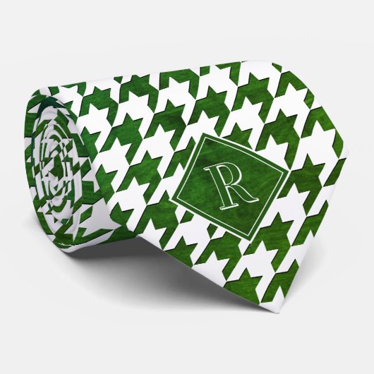 Monogram Houndstooth Pattern White & Green Wood Stropdas (Opgerold)