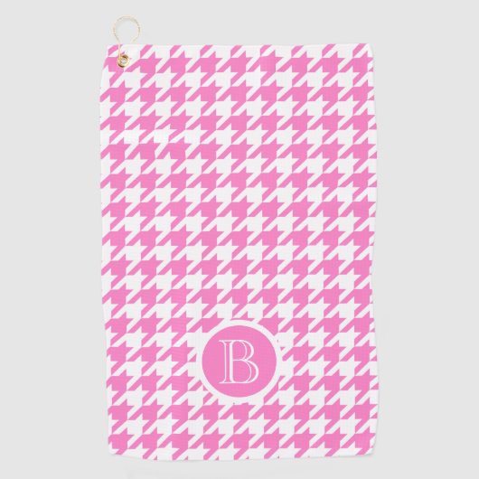 Monogram Houndstooth Stijl Roze Wit Gepersonalisee Golfhanddoek (Voorkant)