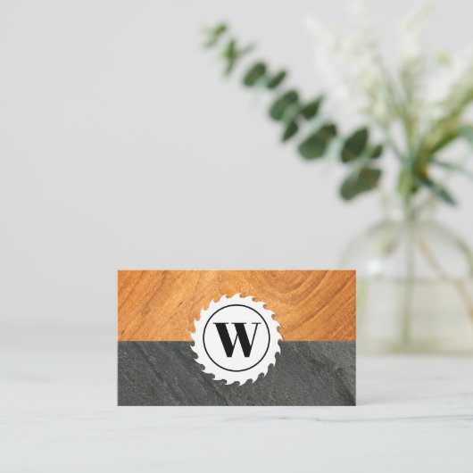 Monogram hout en leder | Tafelzaag Visitekaartje (Staand voorkant)