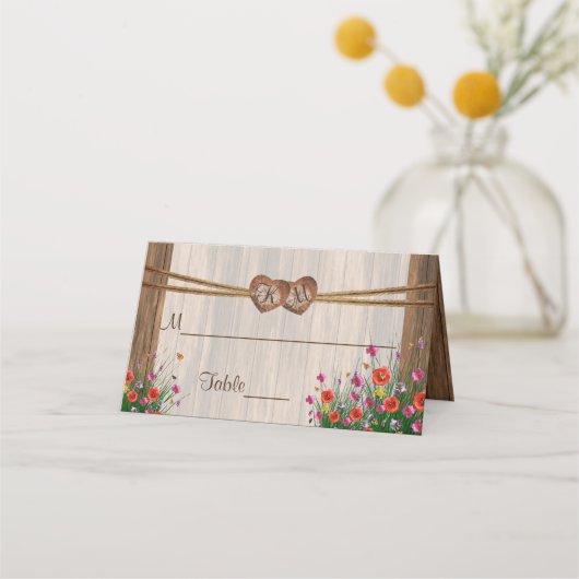 Monogram Hout Hart met Wildflowers | Kaarten plaat Plaatskaartje (Voorkant)