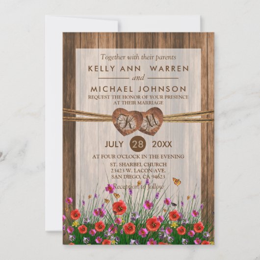 Monogram Hout Harten met mooie wilde bloemen Kaart (Voorkant)