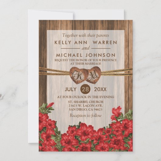 Monogram Hout Harten met Rode Lilies Kaart (Voorkant)