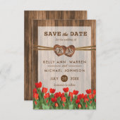 Monogram Hout Harten met rode tulpen Save The Date (Voorkant / Achterkant)