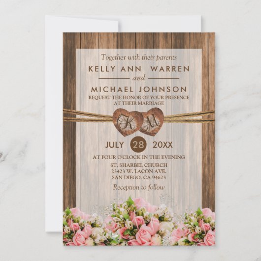 Monogram hout Harten met roze en witte rozen Kaart (Voorkant)