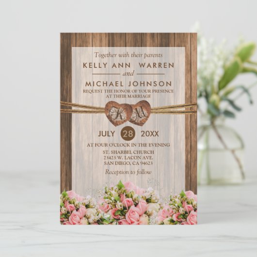 Monogram hout Harten met roze en witte rozen Kaart (Staand voorkant)