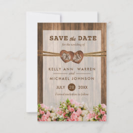 Monogram hout Harten met roze en witte rozen Save The Date