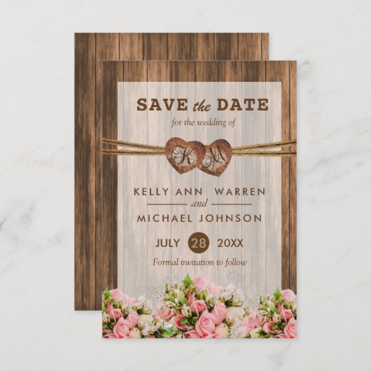 Monogram hout Harten met roze en witte rozen Save The Date (Voorkant / Achterkant)