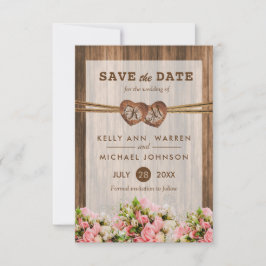 Monogram hout Harten met roze en witte rozen Save The Date