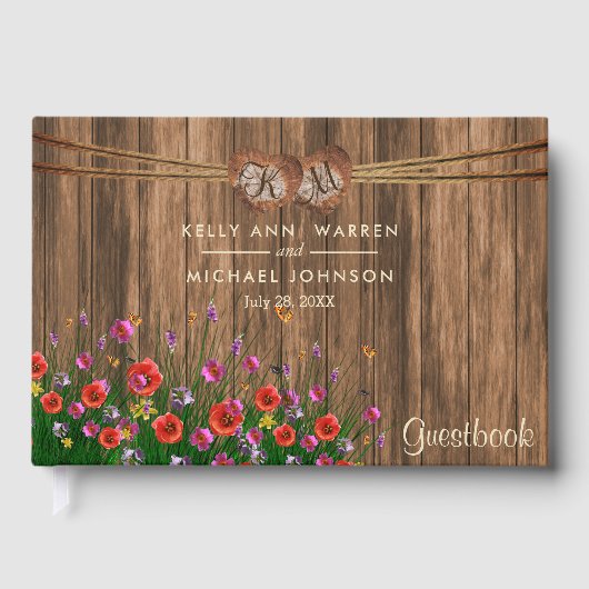 Monogram Hout Harten met Wildflowers - Gastboek Gastenboek (Voorkant)