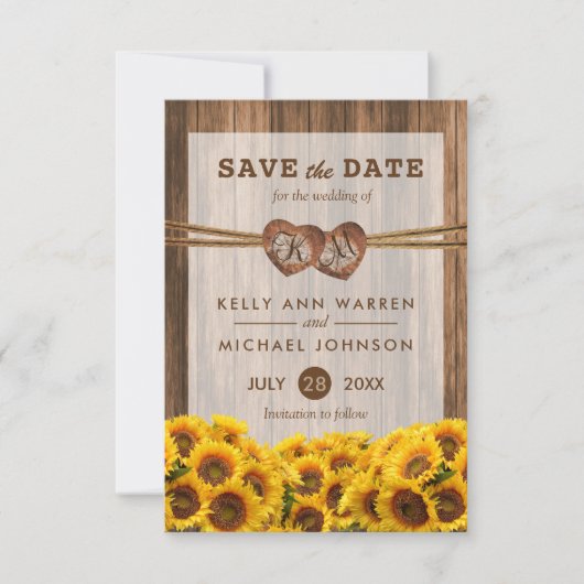 Monogram Hout Harten met zonnebloemen Save The Date (Voorkant)