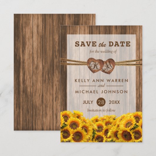 Monogram Hout Harten met zonnebloemen Save The Date (Voorkant / Achterkant)