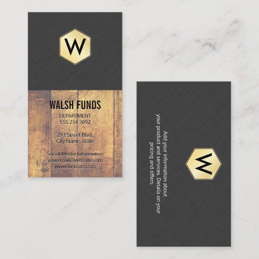 Monogram | Hout | Linnen | Goud Visitekaartje (Voorkant / Achterkant)