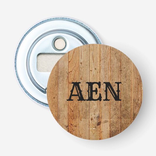 Monogram Hout Rustiek Landelijk Bruin Zwart  Button Flesopener (Voorkant)
