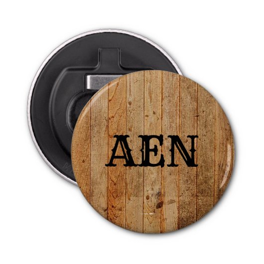 Monogram hout Rustisch Land Bruin Zwart Button Flesopener (Voorkant)