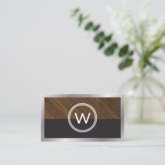 Monogram hout twee ton | Metaalgrens Visitekaartje (Staand voorkant)