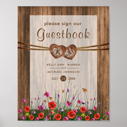 Monogram Houten Harten met Wilde Bloemen Poster (Voorkant)