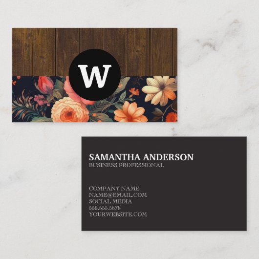 Monogram | Houtstructuur | Bloempatroon Visitekaartje (Voorkant / Achterkant)