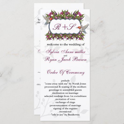 MONOGRAM humming birds Wedding programma Programmakaart (Voorkant / Achterkant)