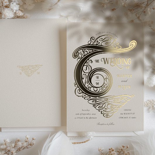  Monogram Huwelijk Elegante Typografie Folie Uitnodiging