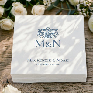 Monogram Huwelijk Sierlijk Bloemmotief Blauw Papie Servet